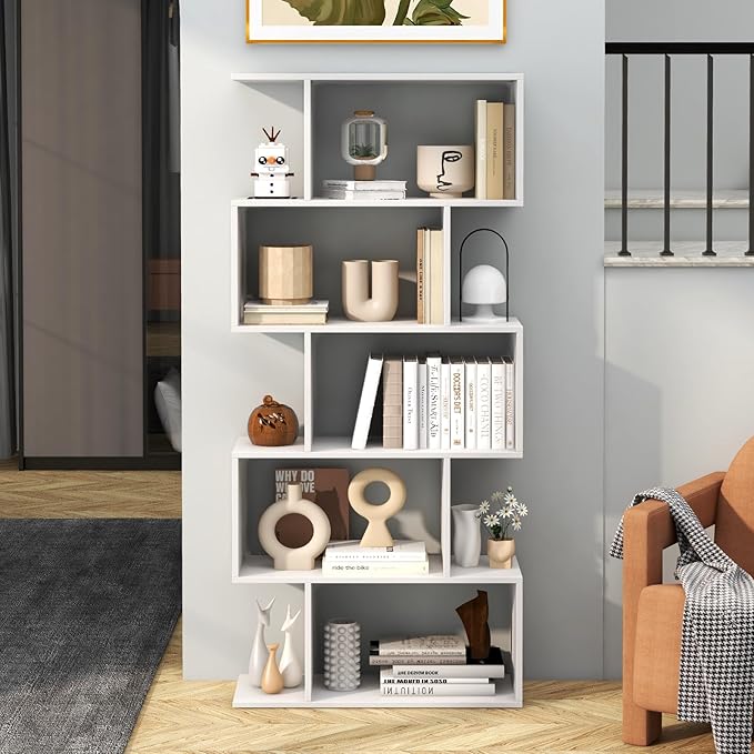 5-Tier Geometric Bookcase, 62.5” Freestanding Room Divider Bookshelf with Open Display Shelves & Anti-tip Device, Wood S-Shaped Storage Organizer for Living Room, Bedroom, Study & Home Office