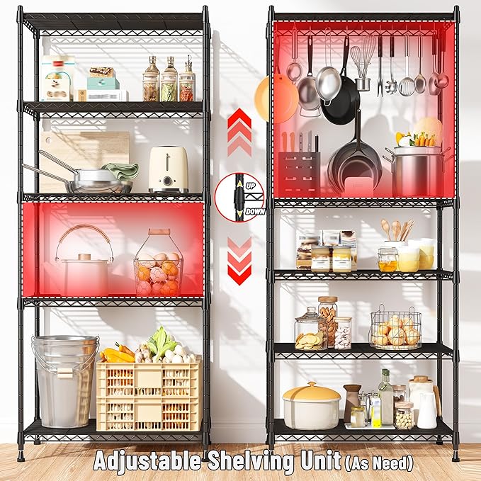 59.4" H x 21.5" W x13.6 D 5-Tier Storage Shelves 1010LBS Wire Shelving Adjustable Metal Shelving Unit Pantry Shelves Sturdy Steel Commercial Shelf for Kitchen Pantry Closet Laundry School