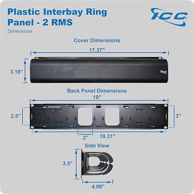ICC 2U Ring Cable Manager Panel with Cover, Plastic with Metal Back Frame, 4" D-Rings, Horizontal Cable Management, Rackmount for 19” Network Racks, Black, Single Pack