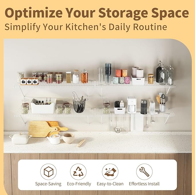 Closet Shelves Wall Mounted, 4 Pack 4 ft x 12 in White Wire Shelving Kit, Metal Wall Shelf Organizer for Home, Pantry, Laundry Room Storage