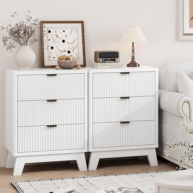 Fluted Nightstand with 3 Storage Drawers, 24" Wide Wood Bedside Table with Mental Handle, Mid Century Modern Wooden Side Table Night Stand, Curved End Table for Bedroom, Living Room, White