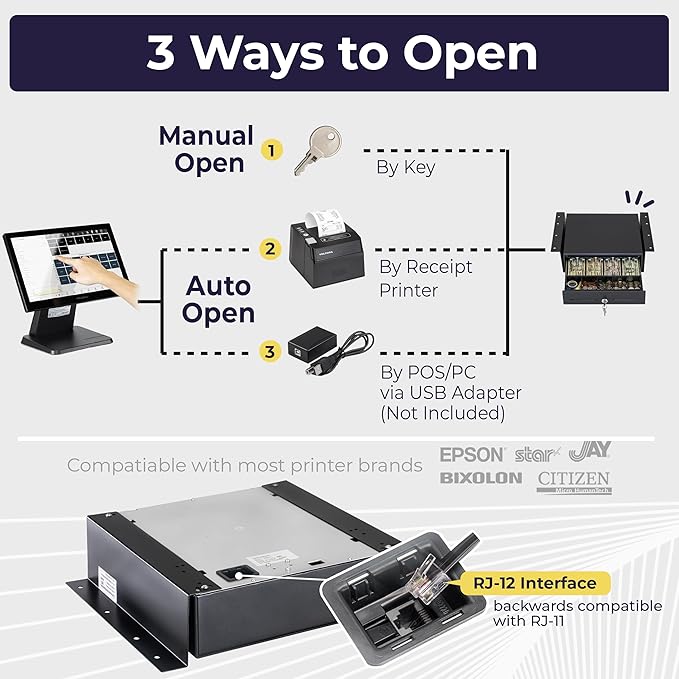 Volcora 13" Electronic Cash Register Drawer with Under Counter Mounting Metal Bracket - POS, 4 Bill 5 Coin Cash Tray, Removable Coin Compartment, 24V RJ11/RJ12 Key-Lock, Media Slot, Black