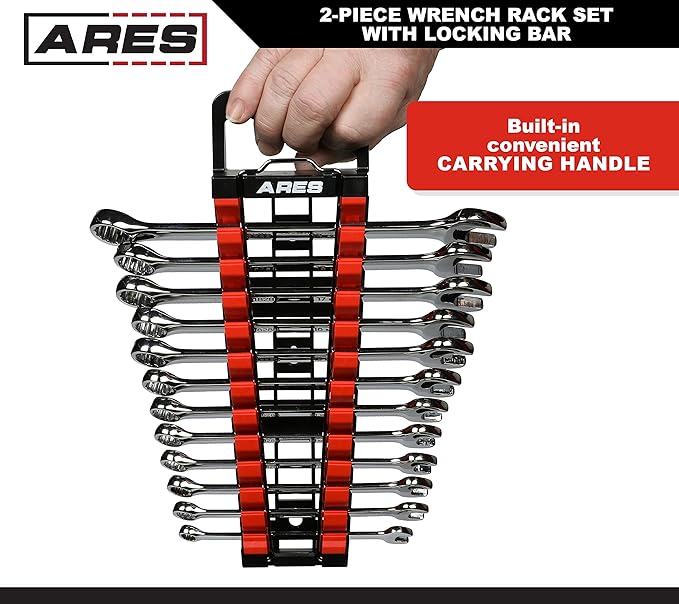 ARES 62043-2-Piece Wrench Rack Set with Locking Bar - SAE Rack Holds 1/4-Inch to 1-Inch Sizes - Metric Holds 6 to 25mm Sizes - Locking Metal Clip Secures Wrenches
