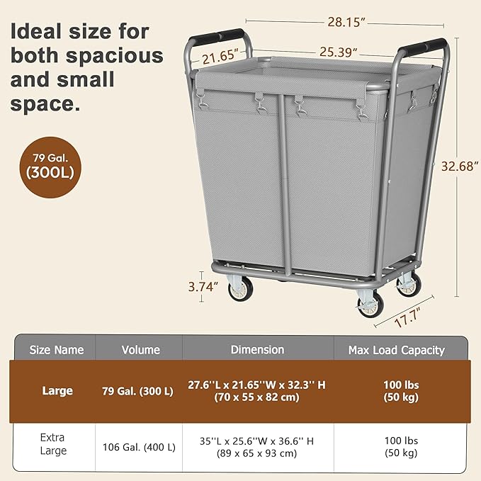 Hoctieon Large Laundry Cart with Wheels, 300L Heavy Duty Laundry Basket Organizer, Rolling Hamper Sorter for Clothes Storage, Industrial Dirty Clothes Hamper for Home & Hotel, Gray