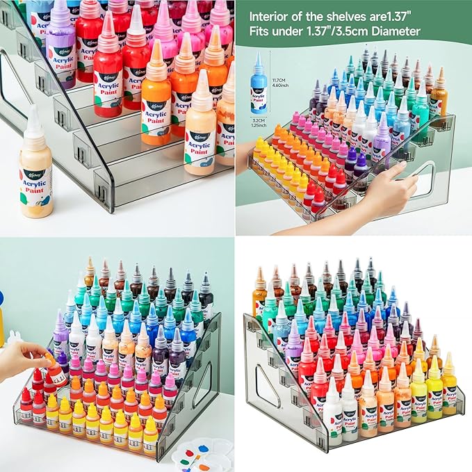 Acrylic Paint Organizer (7 Tier), Painting Bottle Holder, Clear Nail Polish Holder Rack Shelf, Acrylic Paint Storage Organizer, Craft Holder Rack for Alcohol Inks and Food Coloring (Black Clear)