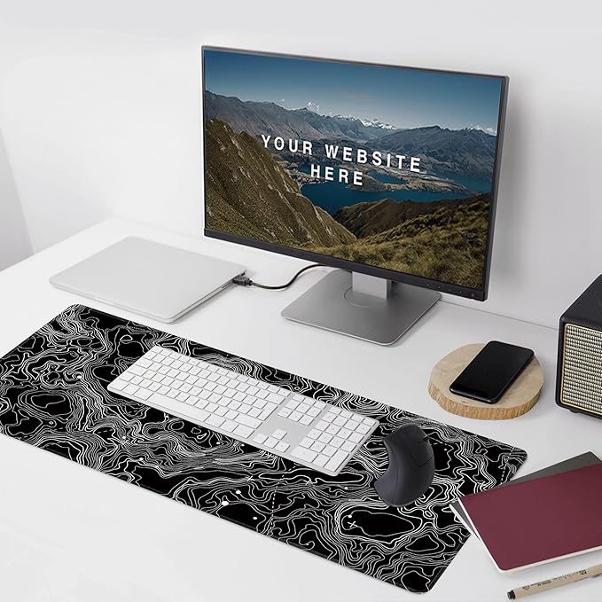 Black with White Topographic Line Large Mouse Pad,Gaming Keyboard Desk Pad,Extended Mouse Mat Non-Slip Rubber Base with Stitched Edges for Office Game Home XXL 35.4"x15.7"