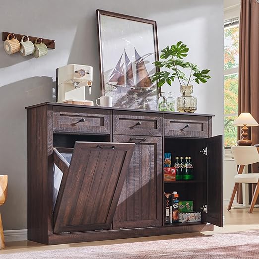 Triple Tilt Out Trash Can Cabinet, 20 Gallon Farmhouse Laundry Hamper Cabinet w/3 Drawers & Adjustable Shelf, Hidden Wooden Trash Can Cabinets with Storage Basket for Kitchen (Brown)