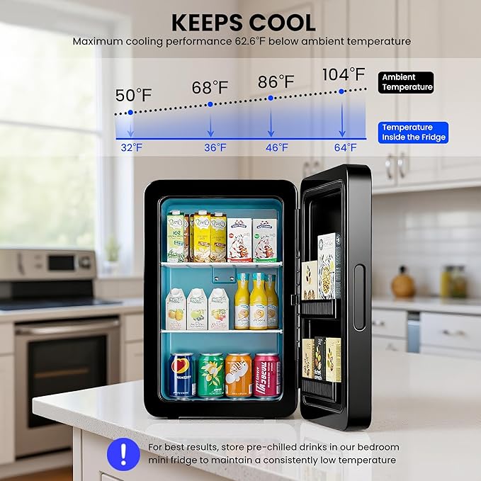 22L/30Cans Mini Fridge for Bedroom, 12v DC Portable Cooler & Warmer, Mini Refrigerator with Glass Front, for Car Office Desk & Dorm Food Beverage Skincare Makeup (Black)