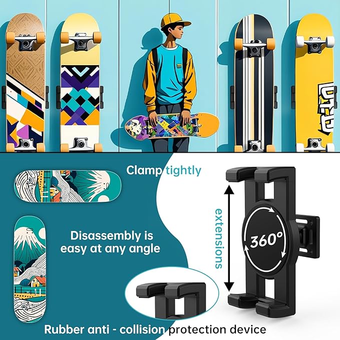 Swivel Skateboard Wall Mount, 360° Skateboard Deck Wall Mount, Suspended Display Hanger Grab, Suitable for Any Skateboard Shop and Enthusiast, Collector 1set