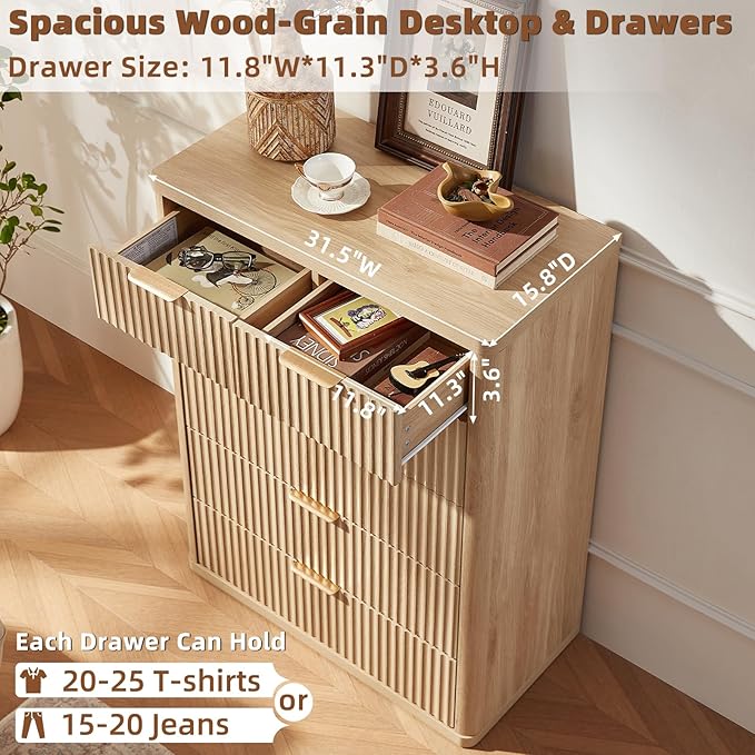 LEYAOYAO Fluted 6 Drawers Dresser for Bedroom, 42" Tall Modern Chest of Drawers with Metal Handle, Curved Profile Design,Natural Wood Drawer Organizer for Bedroom, Living Room, Hallway, Entryway