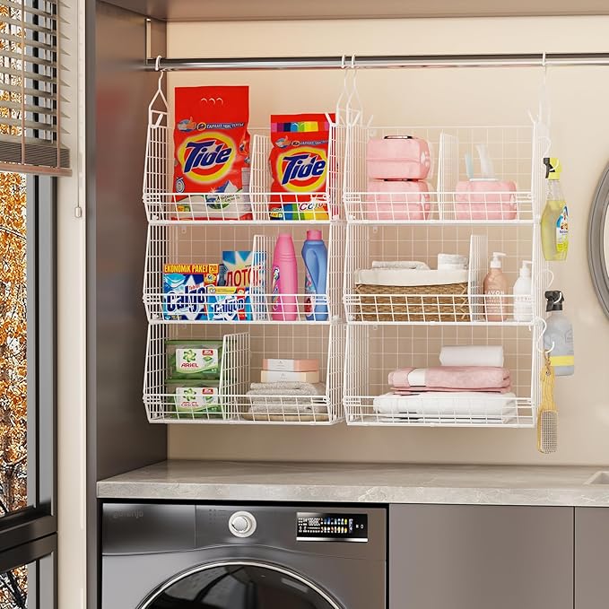 4 Tier Extra Large Hanging Closet Organizer,Closet Organizer Hanging with 5 S Hooks 4 Dividers,Clothes Organizer Clothing Sweaters Clutches Handbags Hats Accessories-White