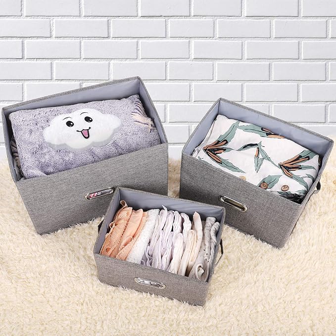 Linen Fabric Collapsible Storage Bins with Removable Lids and Handles, Washable Storage Box Containers Baskets Cube with Cover for Bedroom,Closet,Office,Living Room,Nursery (Grey, Medium)