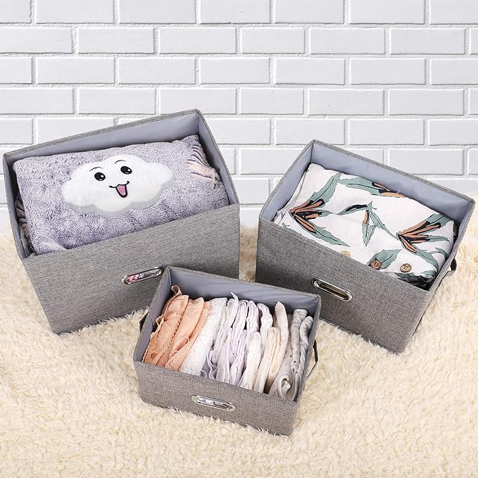 Large Linen Fabric Foldable Storage Bins with Removable Lid and Handles, Washable Storage Box Organizer Containers Baskets Cube with Cover for Bedroom,Office(Cream, Large)