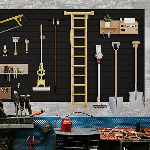 Slatwall Panel 8 FT x 4 FT, Interlocking Slat Wall Paneling, Wall Mounted PVC Wallpanel, Suitable for Garage Storage and Organizer, Slatwall Board, Shelves - Black