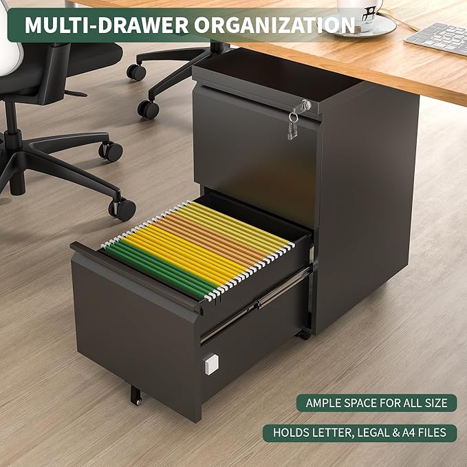 2 Drawer File Cabinet with Lock,Under Desk Rolling Small Filing Cabinet for Home Office Storage, Mobile Steel Cabinets with Wheels, Fully Assembled, Black