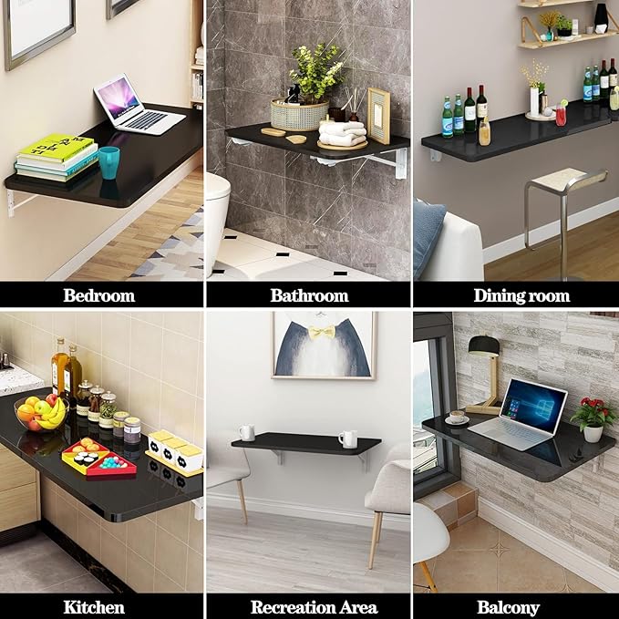 Wall Mounted Folding Table,Black Floating Desk for Small Spaces,Stainless Steel Bracket Laundry Folding Table,Wall Folding Desk,Home Bars and Dining Establishments(100x50cm/39.4"×19.7")