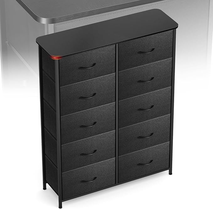Curved Profile Dresser for Bedroom, Chest of Drawers, 10 Storage Drawers Organizer Unit, Black Dresser with Fabric Bins for Closet, Living Room, Kid Room (Charcoal Black)