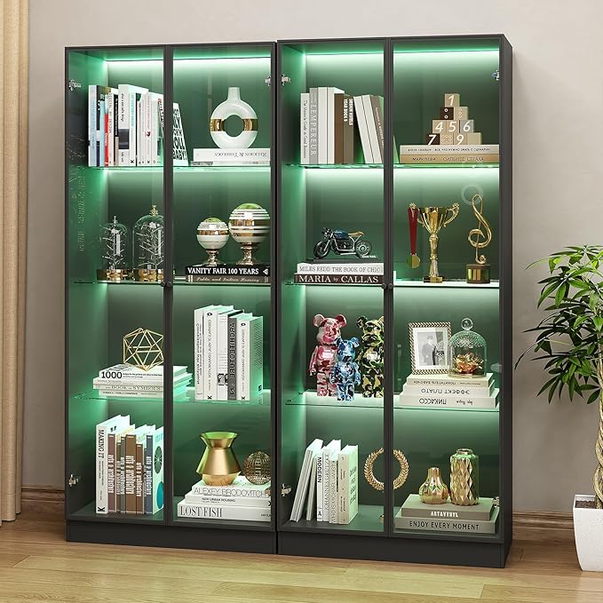 Display Cabinet with LED Lights, Display Case with 4-Tier Glass Shelves & 2 Glass Doors, Curio Cabinet for Collectibles, Living Room