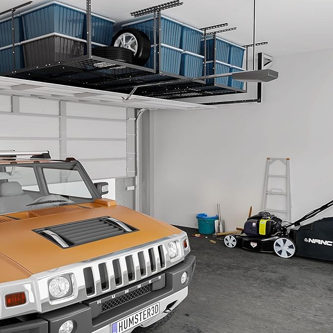 FLEXIMOUNTS 3x8 Overhead Garage Storage Rack,Adjustable Storage Organization System, Heavy Duty Metal Garage Ceiling Storage Racks, 2 pack, Black, Classic Series