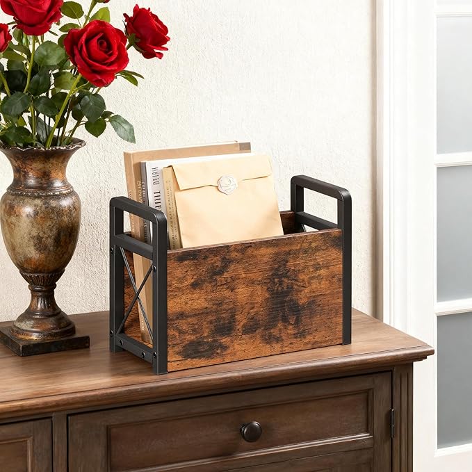 Magazine Holder, Magazine Rack Floor, Magazine Storage Basket, Magazine Rack for Desktop Home Office, Wooden Mail Organizer for Books, Newspapers, Mails, Rustic Brown and Black MR01BR