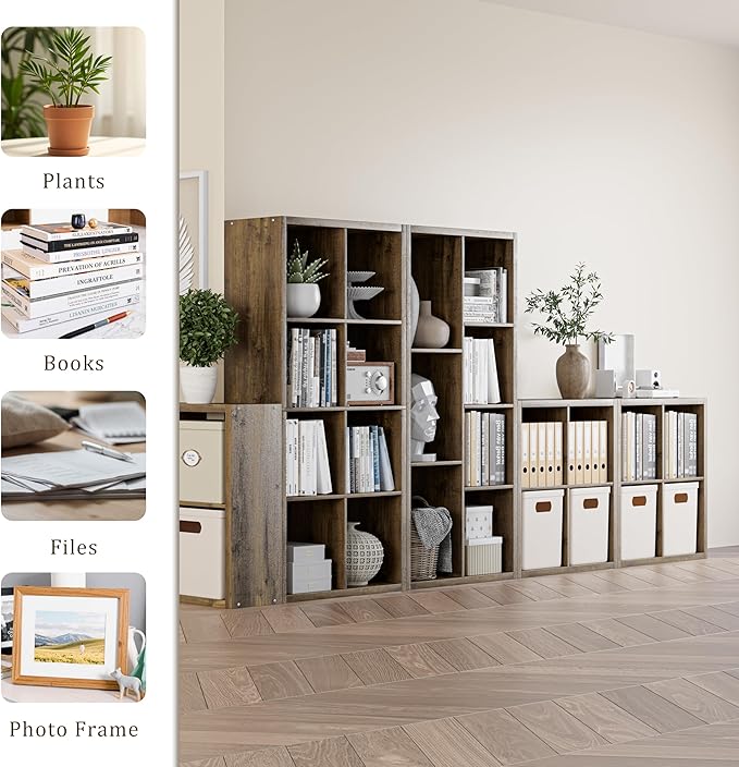 Cube Storage Organizer Bookcase, Decorative 11 inch Open Back Cubical Shelf with Thickened Border, Display Bookshelf for Living Room, Home Office, Sturdy Room (Brown, 4 Cube)
