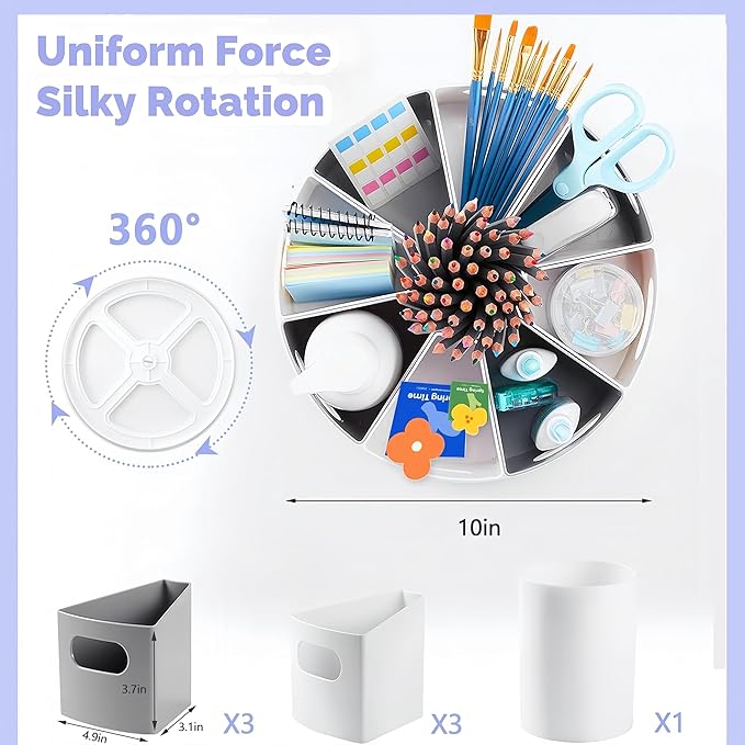 Rotating Art Supply Organizer Storage Caddy for Kids, 7 Bins Craft Crayon Marker Organizer for School Desk, Lazy Susan Pencil Holder for Classroom Organization, Homeschool Supplies