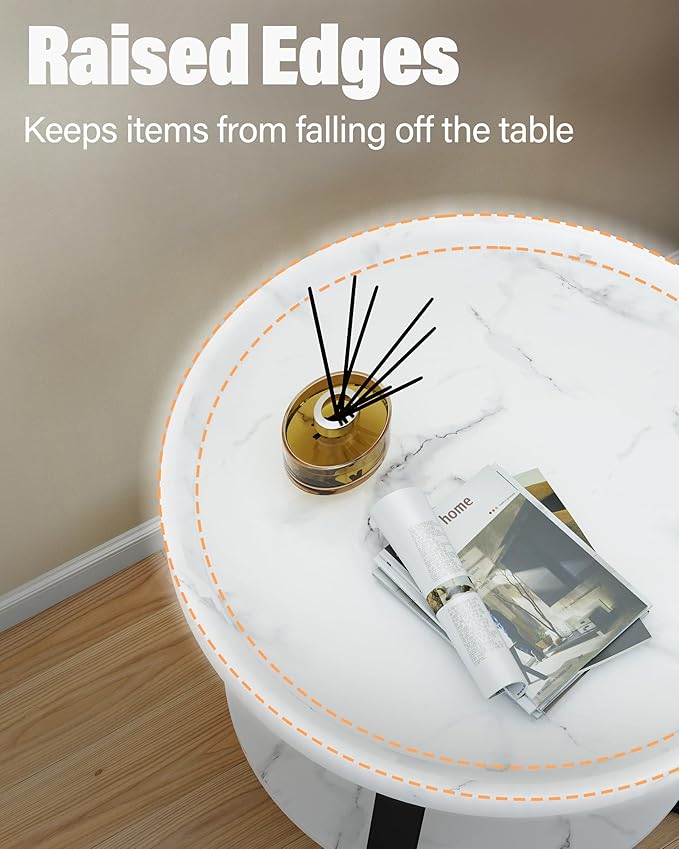 Small Round End Table, 2-Tier Side Table with Storage, Small Round Coffee Table for Living Room, 20'' Living Room Furniture with Sturdy Steel Frame (White Marble)