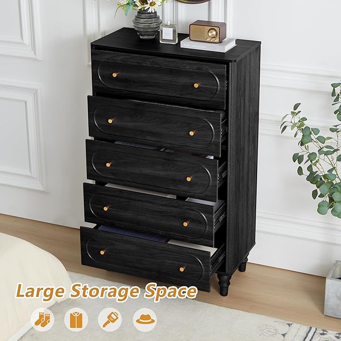 ORRD 5 Drawer Fluted Dresser for Bedroom, Mid Century Modern Chest of Drawers, Wood Storage Large Dresser Organizer for Bedroom Living Room Hallway Closet, Black