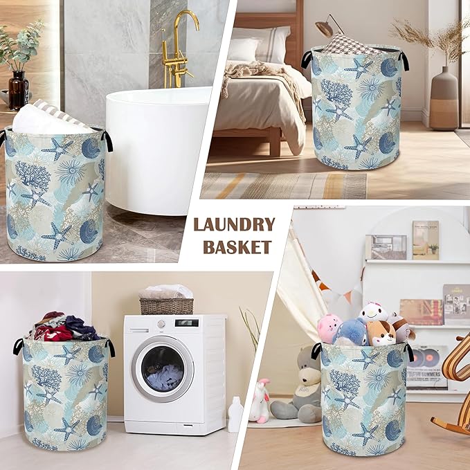 Large Laundry Basket,Corals Seashells Collapsible Laundry Baskets,Cute Algae Waterproof Oxford Hamper with Handles for Bathroom Bedroom Nursery Home Storage 16"x20"