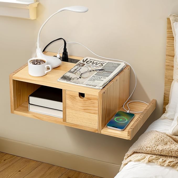 Afuly Floating Nightstand with Charging Station, Wall Mount Night Stand with Drawer Hanging Bedside Table End Table, Solid Wood Modern Side Table Shelf for Bedroom Natural Wooden Decor