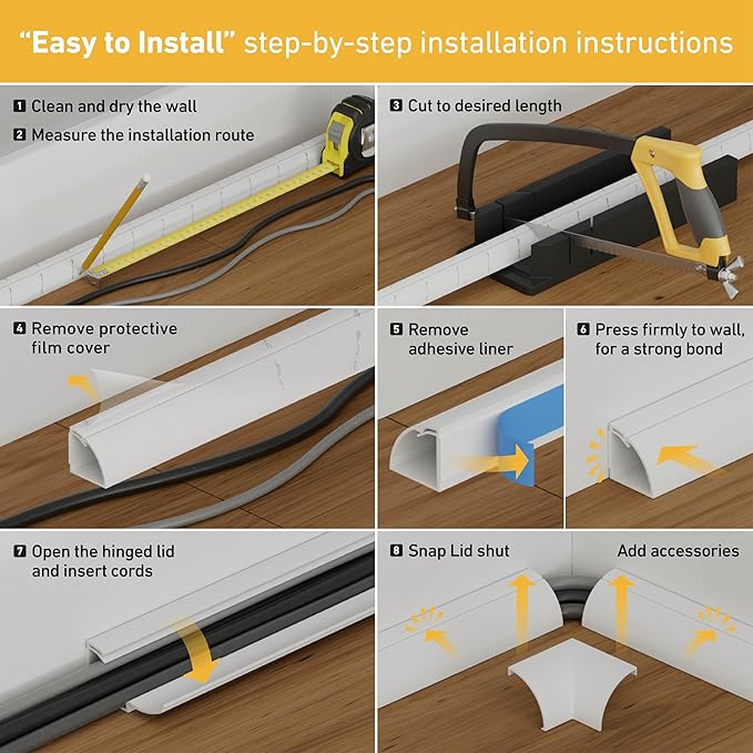 D-Line Cord Cover Kit, 30FT Self-Adhesive Wire Hider, Cable Raceway to Hide Wires on Wall, Cable Management - 6 x 5FT Channels and Accessories (0.87in (W) x 0.87in (H), Stainable Wood-Effect)