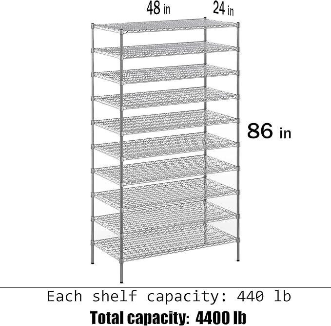 24" Deep x 48" Wide x 86" Height Wire Shelving Kit | 10-Tier | NSF Commercial Storage Rack Unit
