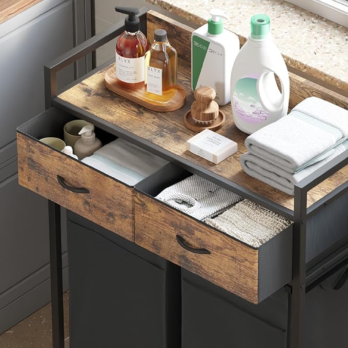 Laundry Hamper baskets 2 Section with 2 Drawers, 100L Laundry Sorter with Wheels Pull-Out Removable Laundry Bags, Rustic Brown and Black
