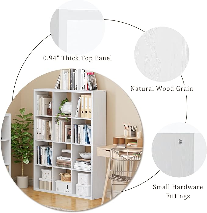 Cube Storage Organizer Bookcase, Decorative 11 inch Open Back Cubical Shelf with Thickened Border, Display Bookshelf for Living Room, Home Office, Sturdy Room (White, 12 Cube)