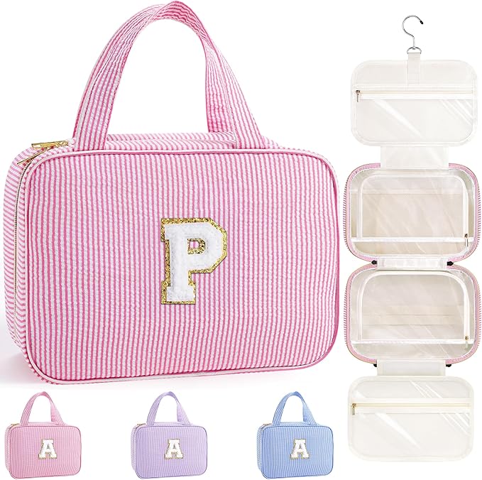 TOPEAST Hanging Toiletry Bag for Women - Travel Toiletry Bag Makeup Bag, Portable Toiletries Cosmetic Bag, Airplane Travel Essentials - Letter P, Pink