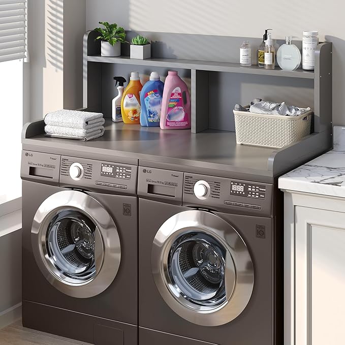 2-Tier Washer Dryer Countertop, 18.5" Raised Height Laundry Countertop with Edge Rails and Non-Slip Pad, 54" W x 27.55" D Washer and Dryer Topper for Laundry Room Storage Organization (Gray)