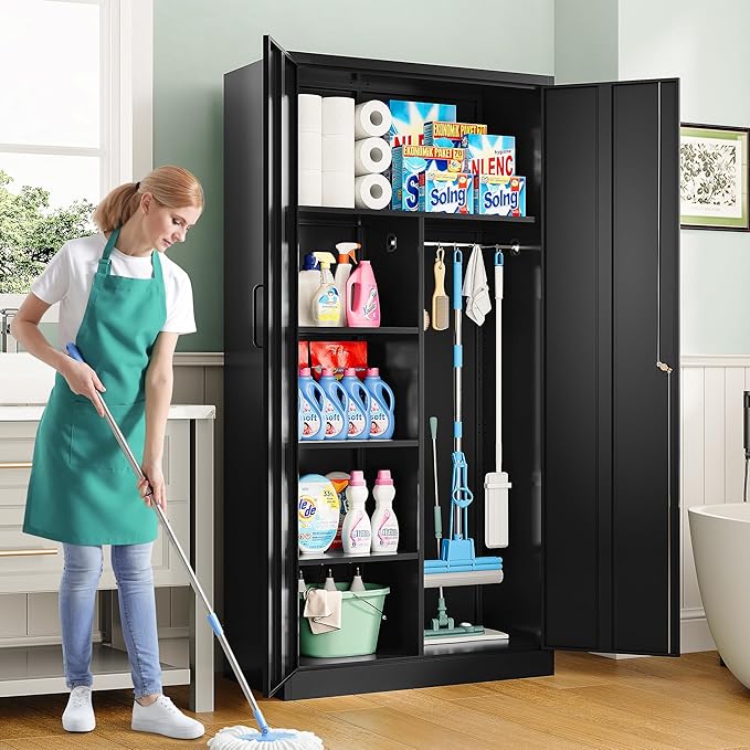 Wide & Deep Metal Storage Cabinet with Hanging Rod,Black Broom Closet Storage Cabinet with Lock,72" Tall Wardrobe Cabinets with Doors and Shelves,Locking Steel Tool Cabinets for Home,Office,Garage