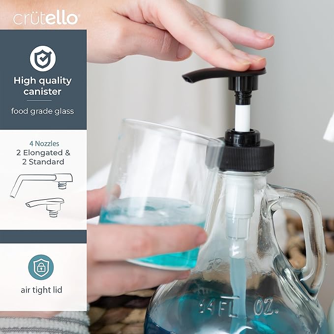 Crutello 64 oz Glass Laundry Detergent Dispenser for Detergent, Bleach, Syrup Pump Dispenser, Ketchup Pump, Glass Pump Bottle for Laundry Room Decor with Spray Bottle for Cleaning Solutions
