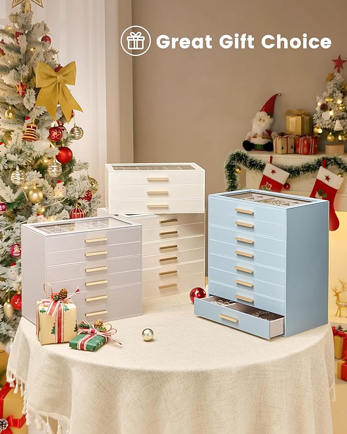 Lolalet Jewelry Box Organizer, 4-Layer Jewelry Organizers and Storage Case with Glass Lid, Ring Earring Bracelet Necklace Holder Organizer, Birthday Christmas Gifts for Women Girls -4Layer, HazeBlue