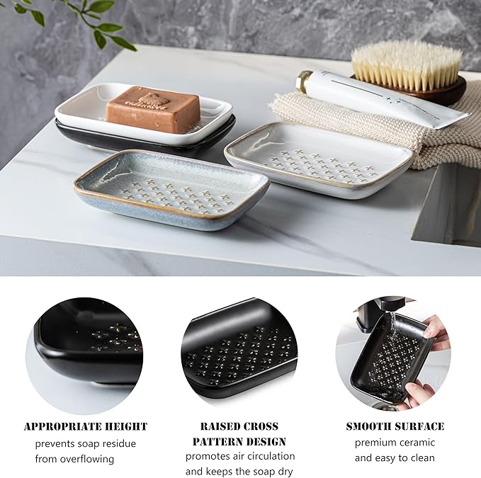 Gomakren Soap Dish, Shower Soap Holder, Ceramic Soap Dishes for Bar Soap Sponge Shampoo, Christmas Soap Saver Tray for Bathroom Kitchen Sink Counter, 5.5 Inch, Black