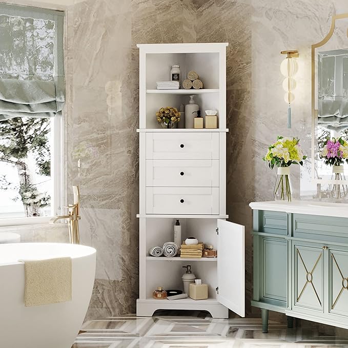 68.9" Tall Triangle Corner Cabinet with 3 Drawers & Adjustable Shelf, Freestanding Storage Cabinet,Water-Resistant, Anti-Tip Design,Space-Saving Organizer for Bathroom, Kitchen, Living Room, White