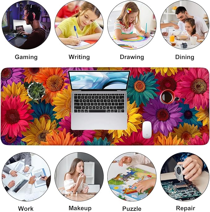 Colorful Floral Mouse Pad – Large Extended Desk Mat 31.5 x 11.8 in– Bright Rainbow Sunflower Design, Non-Slip Rubber Base, Waterproof Surface, Oversized Keyboard & Mouse Pad for Office or Gaming