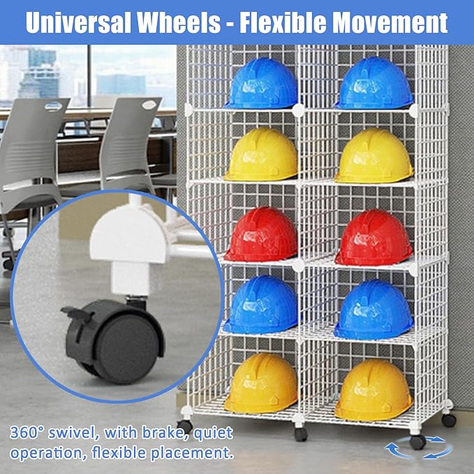 Stackable Safety Helmet Storage Boxes, Large Adjustable Hard Hat Placement Rack with Wheels, Iron Wire Helmet Display Shelf for Construction Site/Workshop/Factory (32 Grids - 8 Layers)