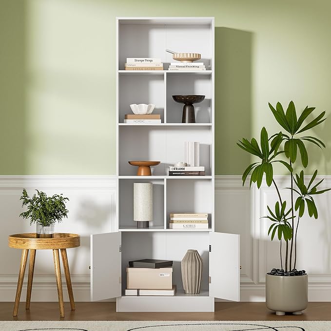 71" Tall Bookshelf with 6 Cubes and 2 Doors, 4-Tier Bookshelf, Open Shelf Bookcase with Cabinet, Modern Cube Storage Organizer for Living Room, and Office, White