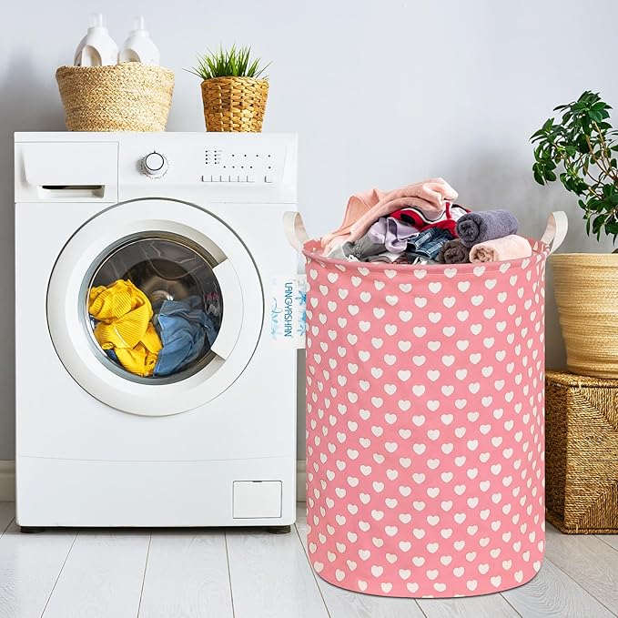 LANGYASHAN Laundry Basket Canvas Fabric Collapsible Organizer Basket for Storage Bin Toy Bins Gift Baskets Bedroom Clothes Children Nursery Hamper (pink heart)