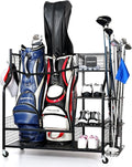 Golf Bag Storage Organizer Rack for Garage, 2 Golf Bag Stand with Rolling Wheels, Heavy-Duty Metal Golf Equipment Organizer for Home, Garage, Clubhouse