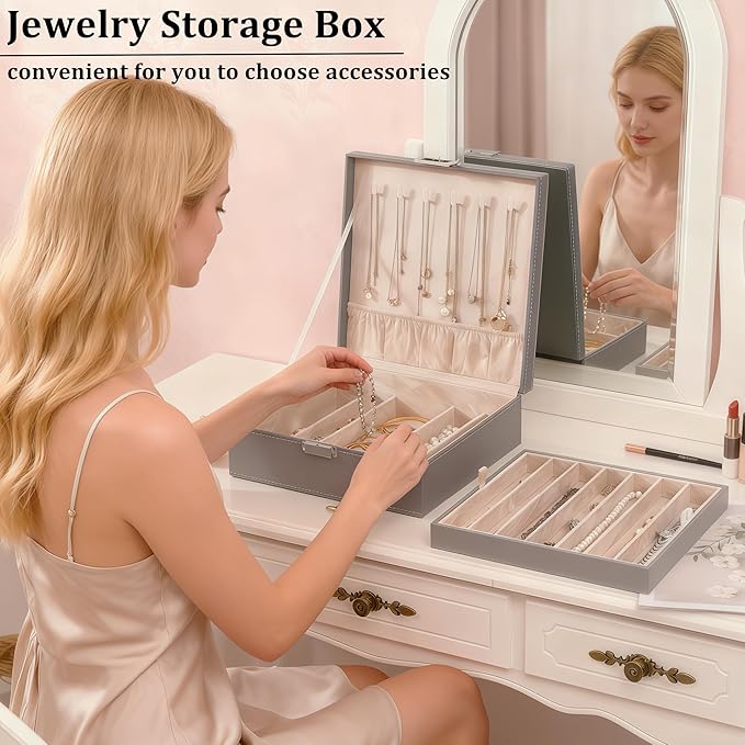 BEWISHOME 2-Layer Necklace Jewelry Box, Modern Style Necklace Storage, PU Leather Jewelry Box for Necklaces, Bracelet, Necklace Case for Women, Girls, Mom (Grey SSH31H)