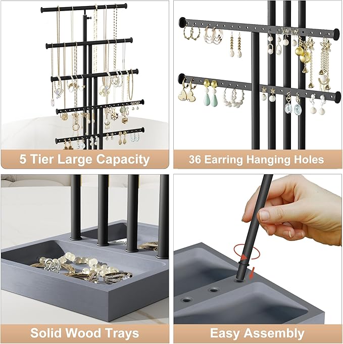 Love-KANKEI Jewelry Organizer Stand, 5 Tier Large Necklace Holder with Wood Base, Jewelry holder stand Tree for Display, Bracelets Earrings Rings, Height Adjustable Gift Weathered Grey