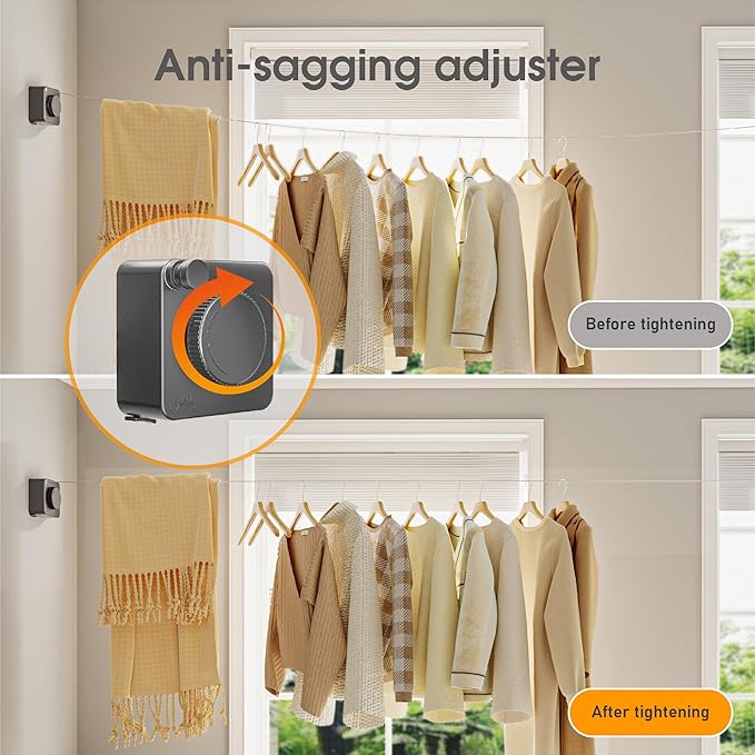 Retractable Heavy Duty Clothesline - Wall Mounted Indoor and Outdoor Laundry Drying Solution, 15.7ft Anti-Sagging Stainless Steel Rope (Grey)