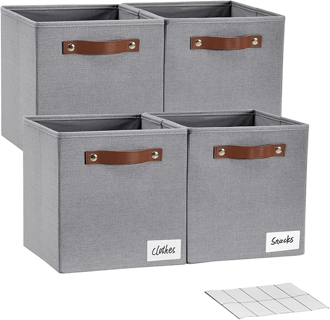 Collapsible Fabric Storage Cube Bins with 2 Reinforced PU Handles, Foldable Storage Organizer Baskets for Closet, Shelves, Living Room | 11"x11"x11", 4 Pack, Full Gray
